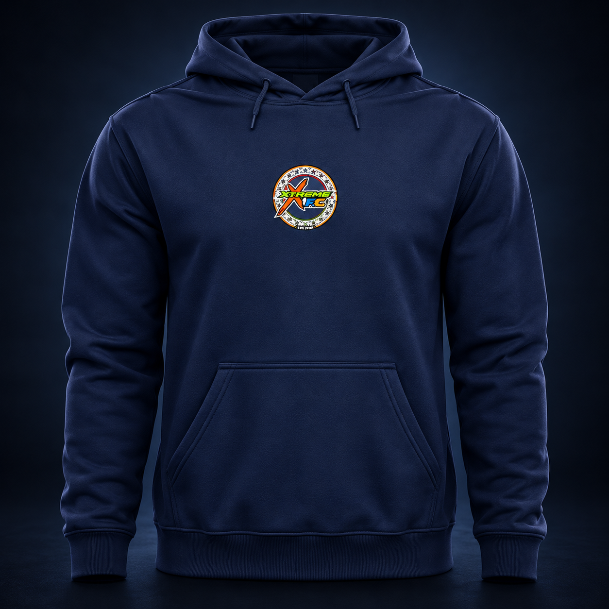 Club Hoodie — navy hoodie with embroidered XTREME FC crest