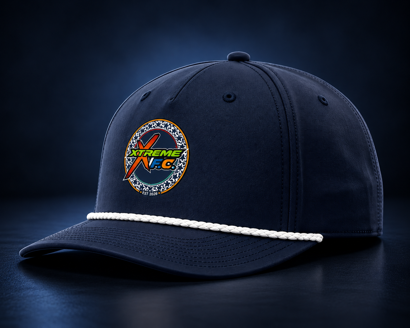 Crest Snapback — navy cap with rope-trim brim and XTREME FC crest